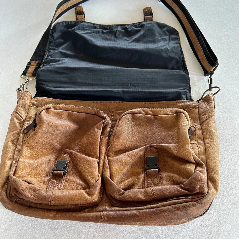 Unisex‎ Vintage Messenger Bag Tan Brown Distressed Leather Satchel Academic Boho